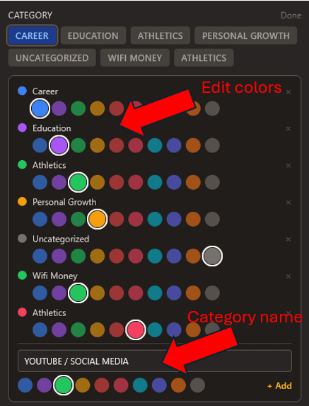 Edit categories panel